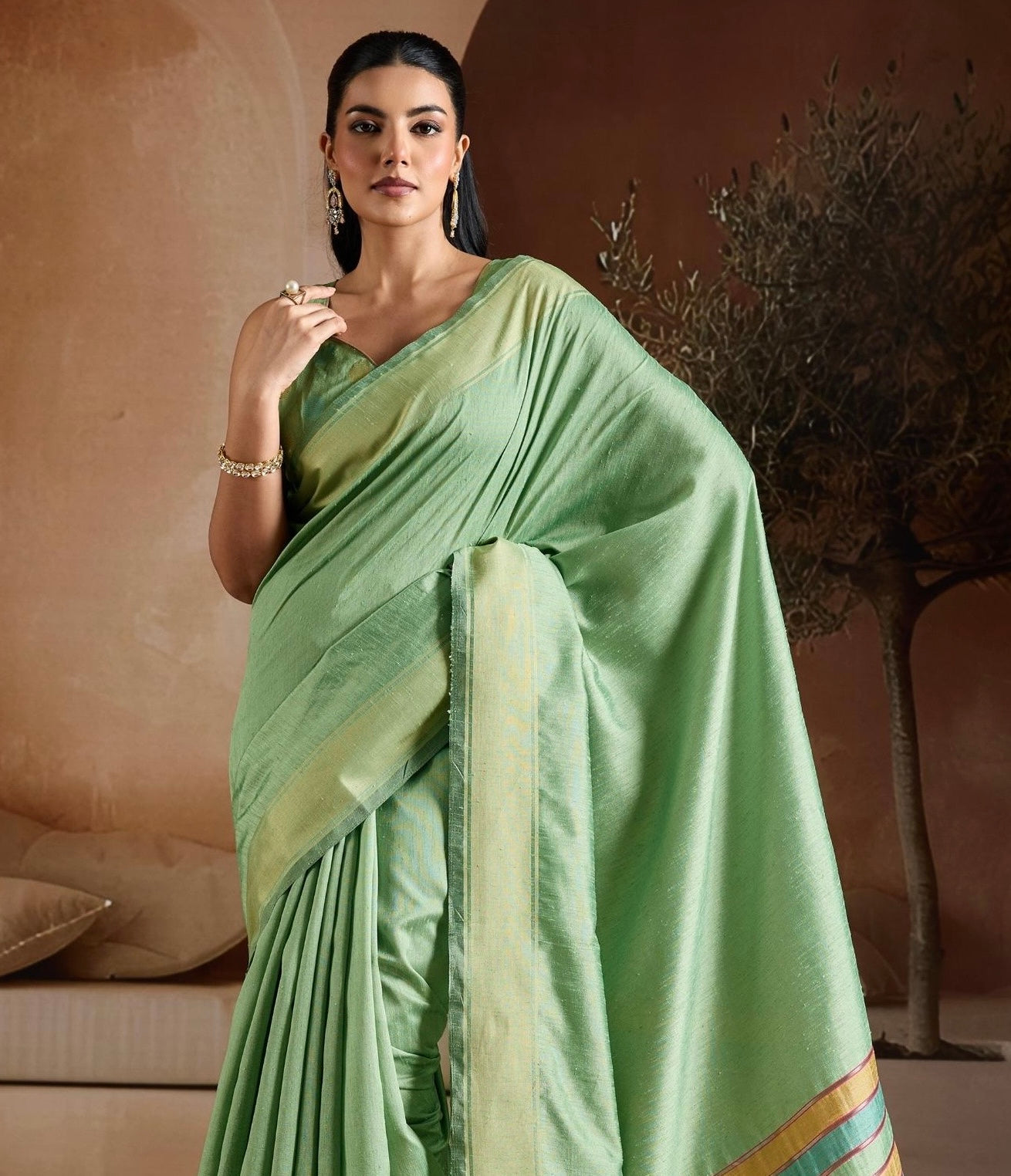 Pista Color Raw Silk Readymade/Easy Saree