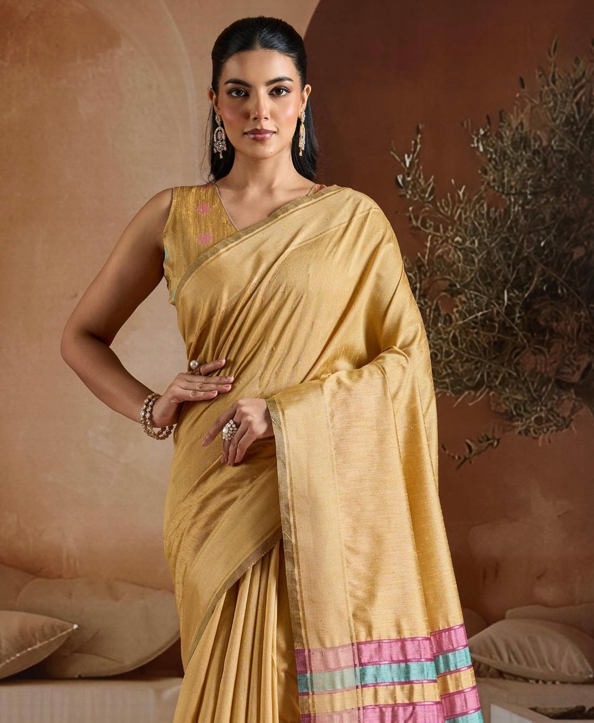 Light Yellow Color Raw Silk Readymade/Easy Saree