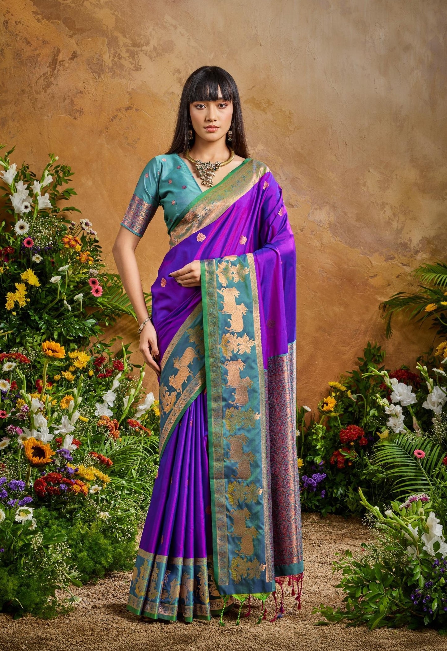 Purple Tone Kanjivaram Silk Readymade/Easy Saree