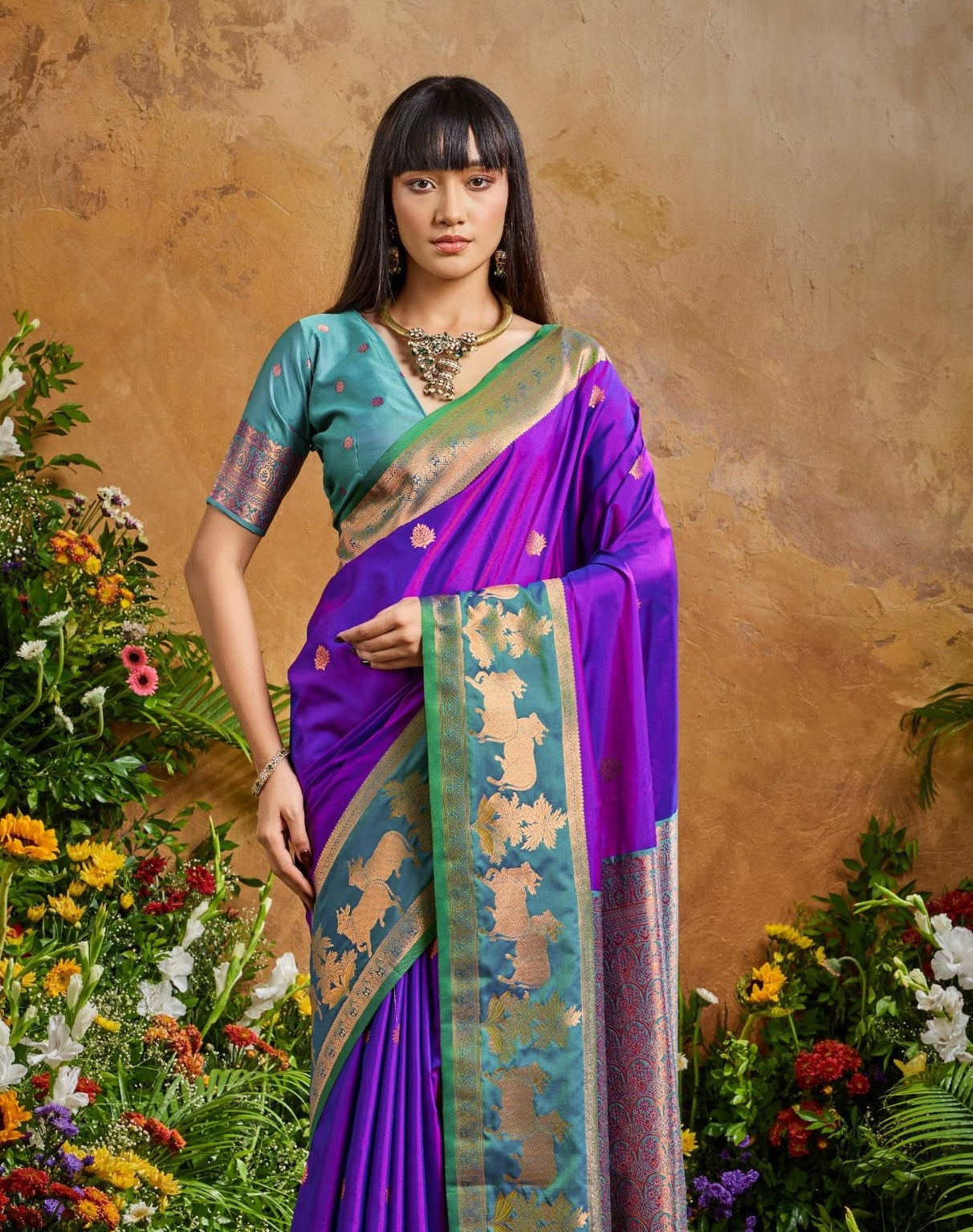Purple Tone Kanjivaram Silk Readymade/Easy Saree