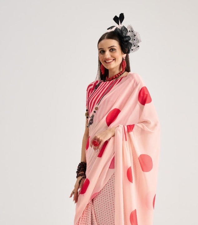 Pink & Red Georgette Readymade/Easy Saree