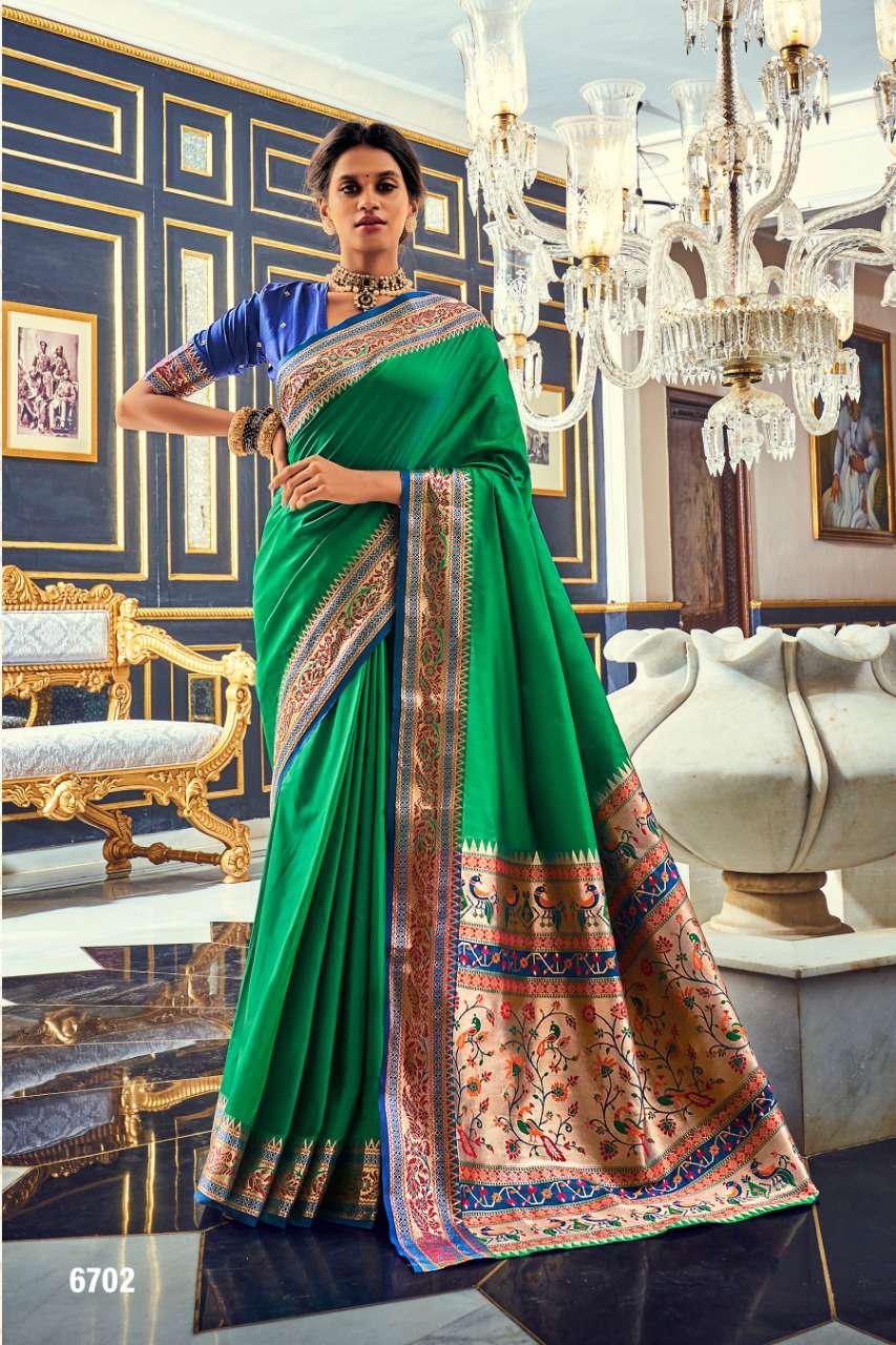 Plain Green Silk Readymade/Easy Saree With Paithani Border
