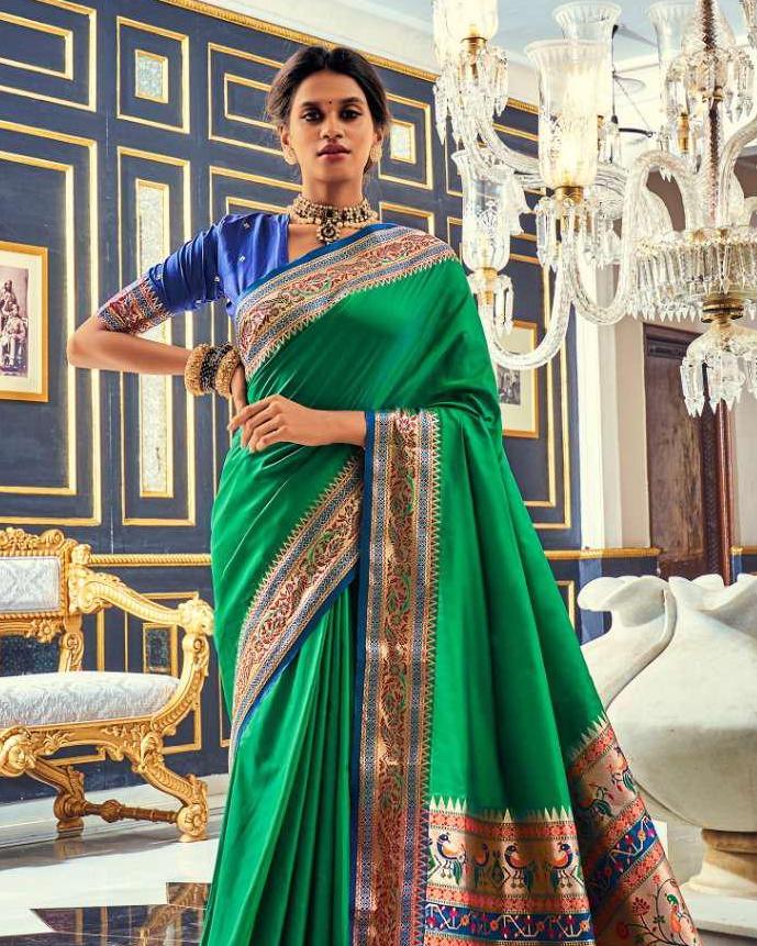 Plain Green Silk Readymade/Easy Saree With Paithani Border