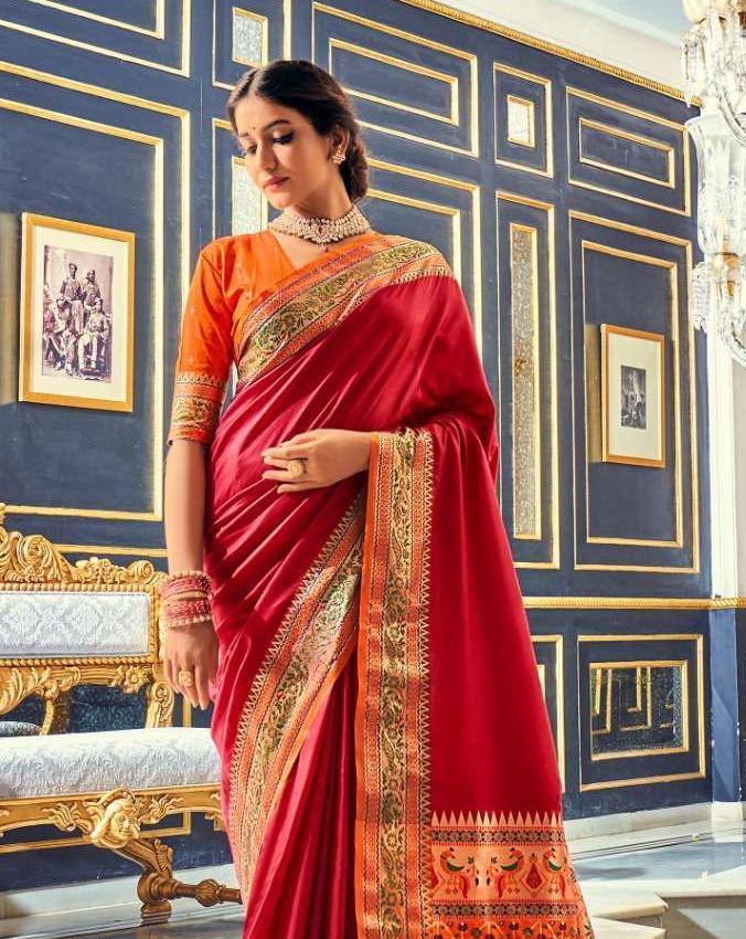 Plain Red Silk Readymade/Easy Saree With Paithani Border