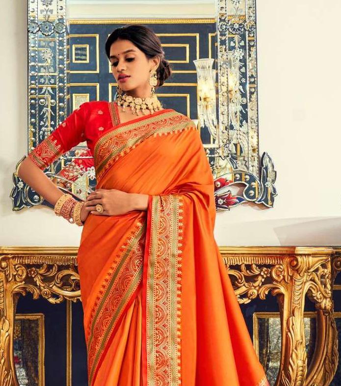 Plain Orange Silk Readymade/Easy Saree With Paithani Border