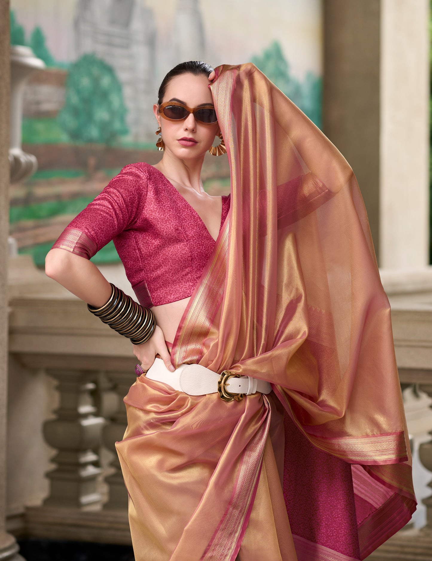 Pink Tissue Silk Readymade/Easy Fancy Saree - Panaash Saree