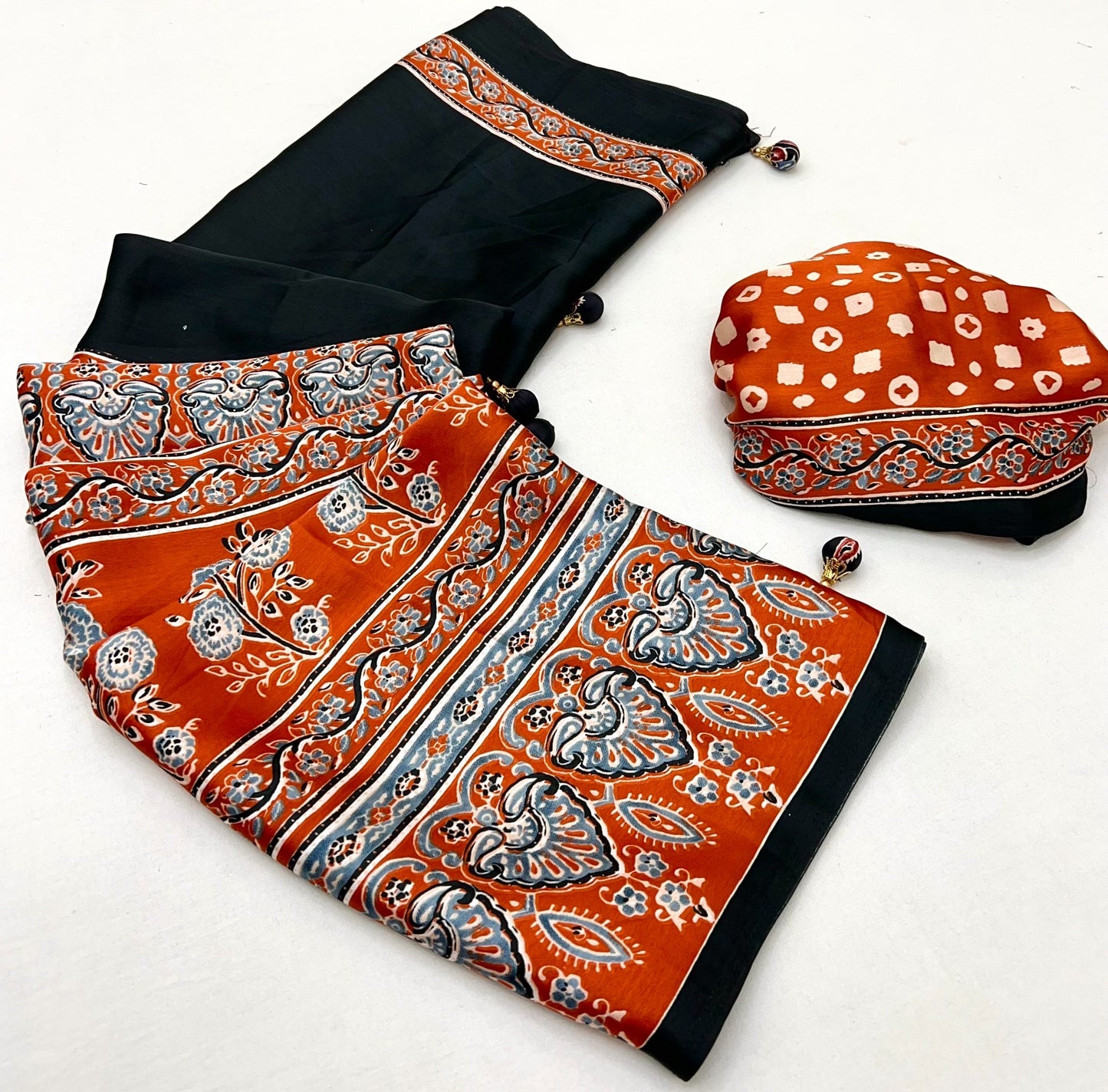 Black & Orange Crepe Silk Readymade/Easy Saree