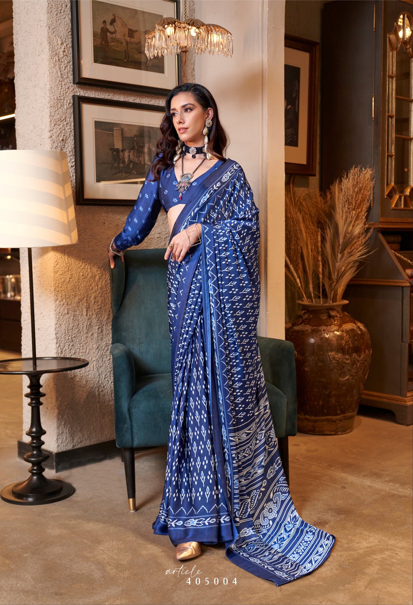 Navy Blue Color Office Wear Patola Crepe Silk Easy/Readymade Saree