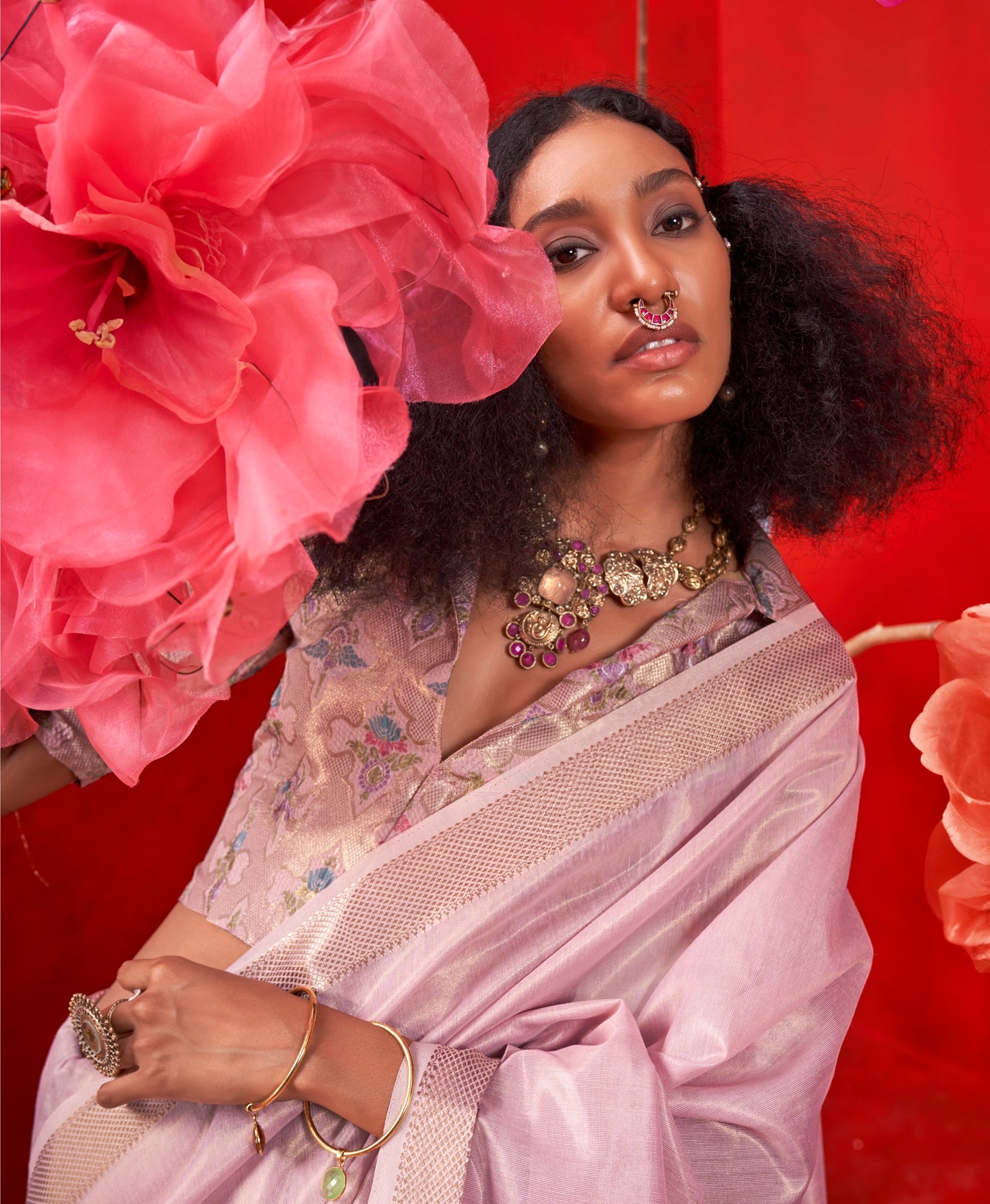 Rose Color Silk Readymade/Easy Saree With Fancy Unstitched Blouse