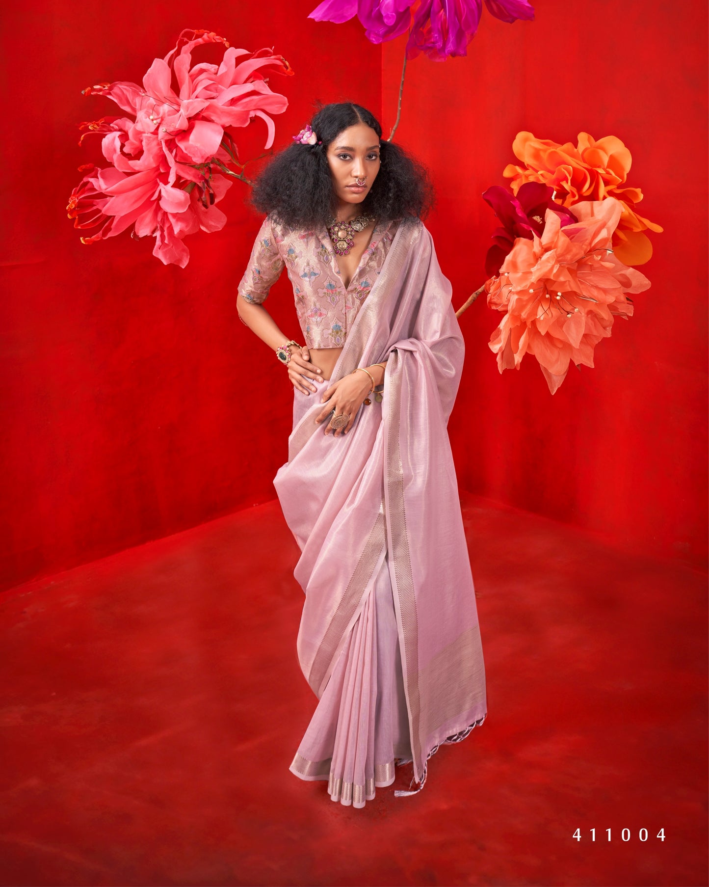 Rose Color Silk Readymade/Easy Saree With Fancy Unstitched Blouse