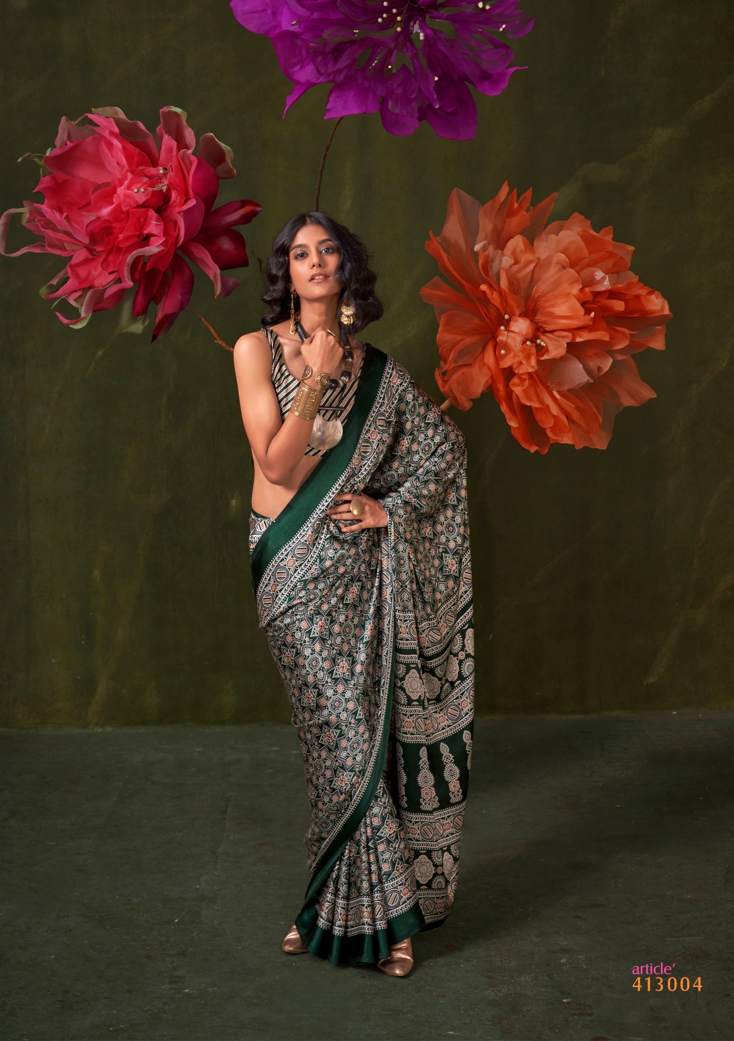 Green Crepe Calm – Readymade Ajrakh Saree