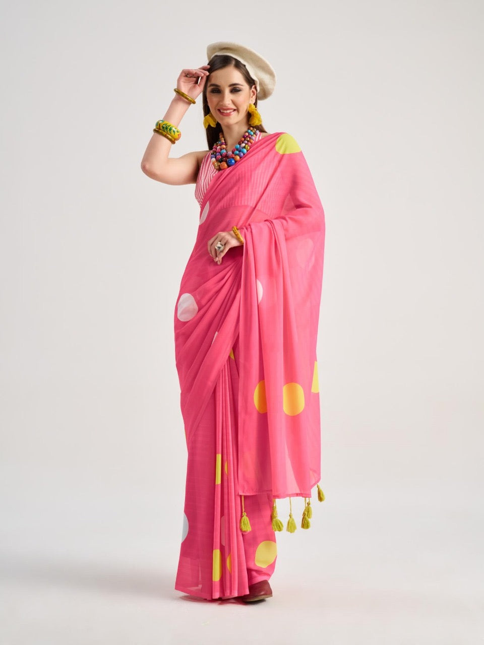 Pink Polka Dot Georgette Readymade/Easy Saree