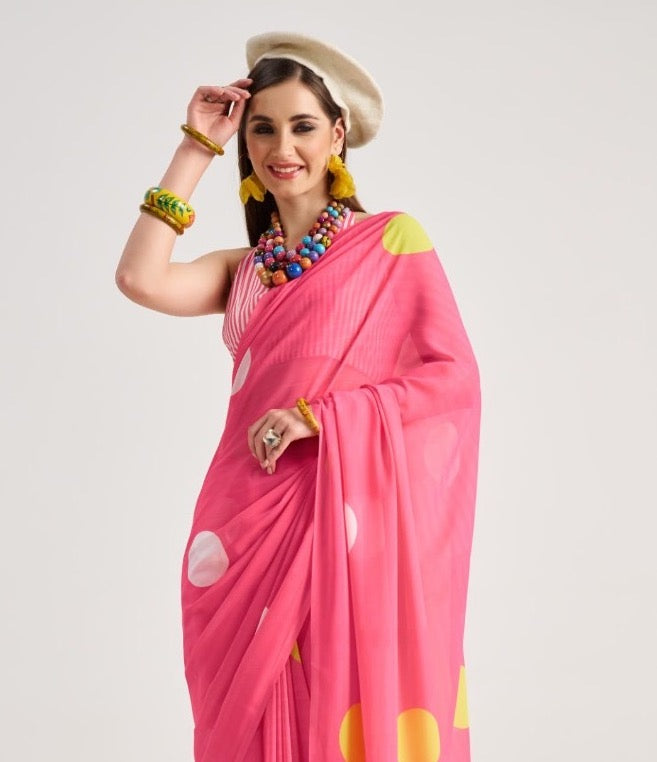 Pink Polka Dot Georgette Readymade/Easy Saree