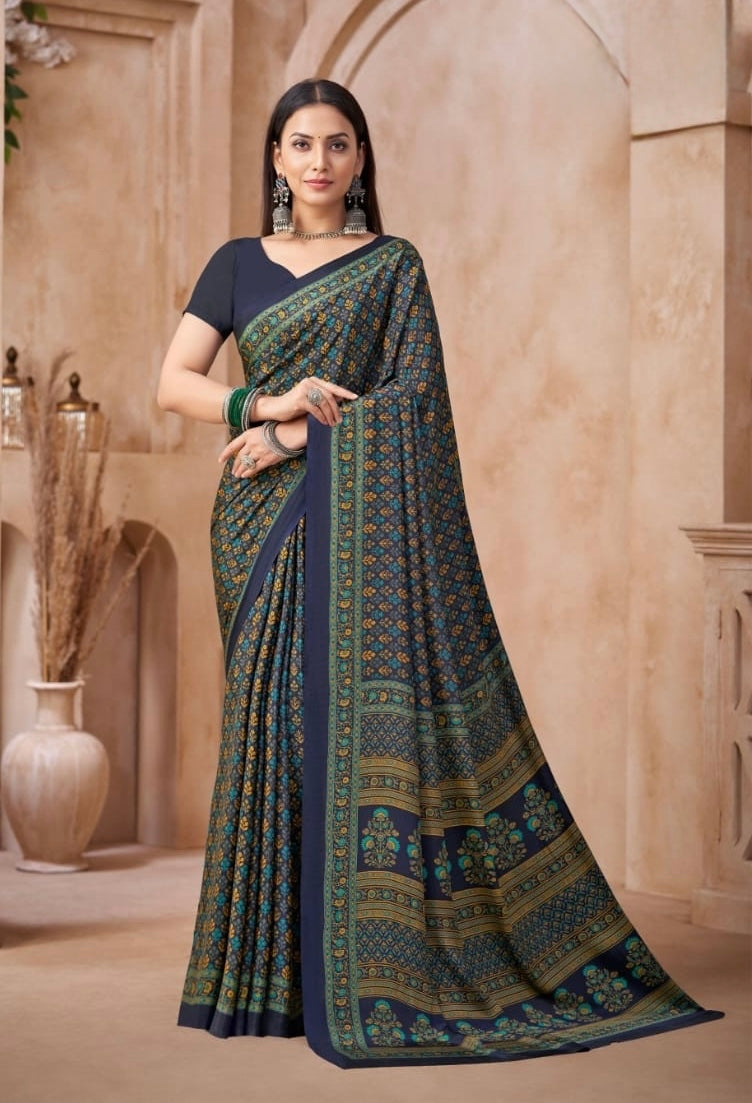 Blue Printed Casual Crepe Readymade Saree