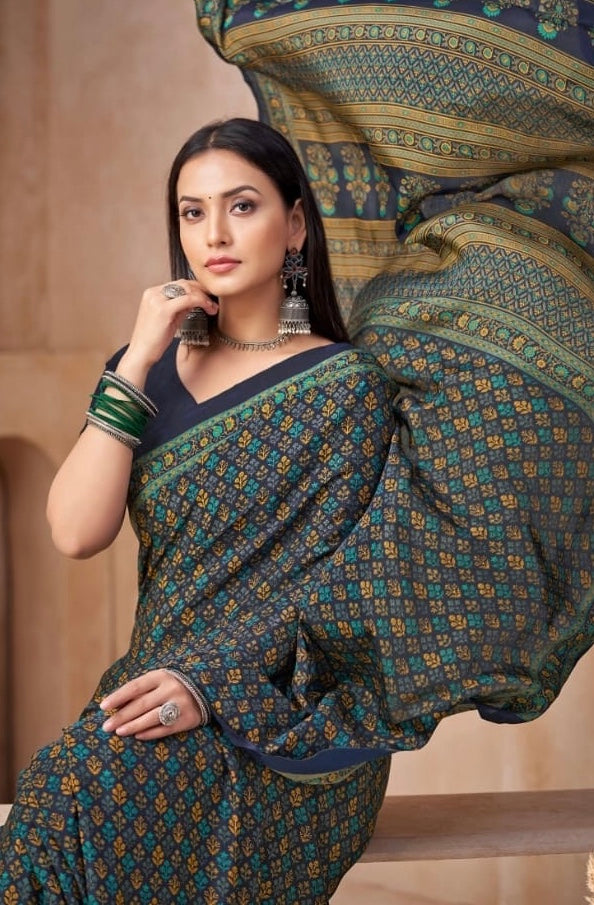 Blue Printed Casual Crepe Readymade Saree
