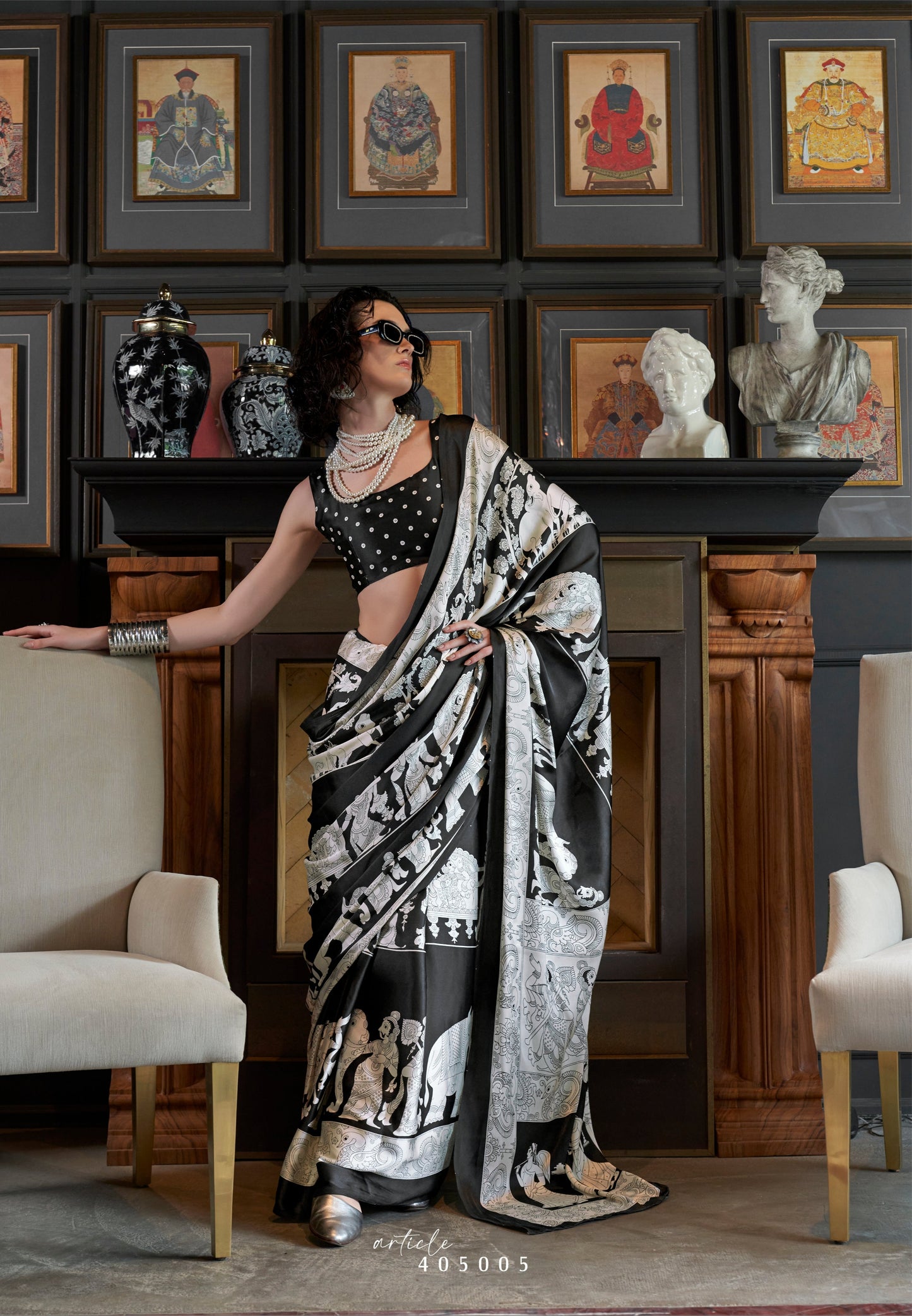 Black & Grey Crepe Silk Easy/Readymade Saree