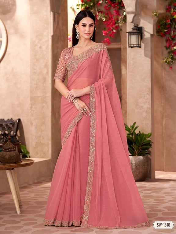 Peach Cocktail Party Wear Readymade Saree