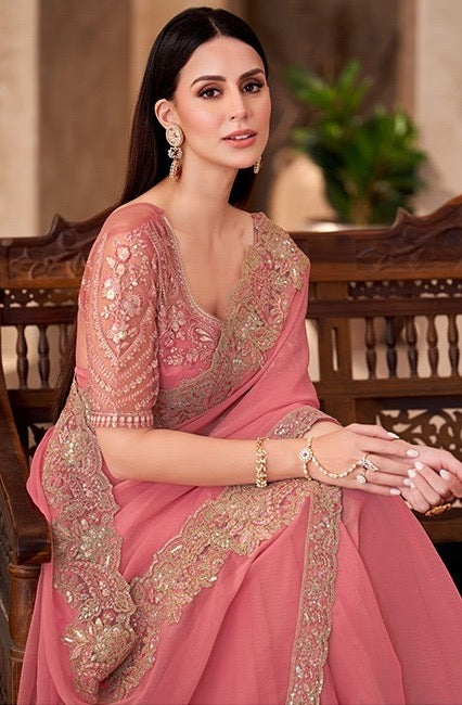 Peach Cocktail Party Wear Readymade Saree