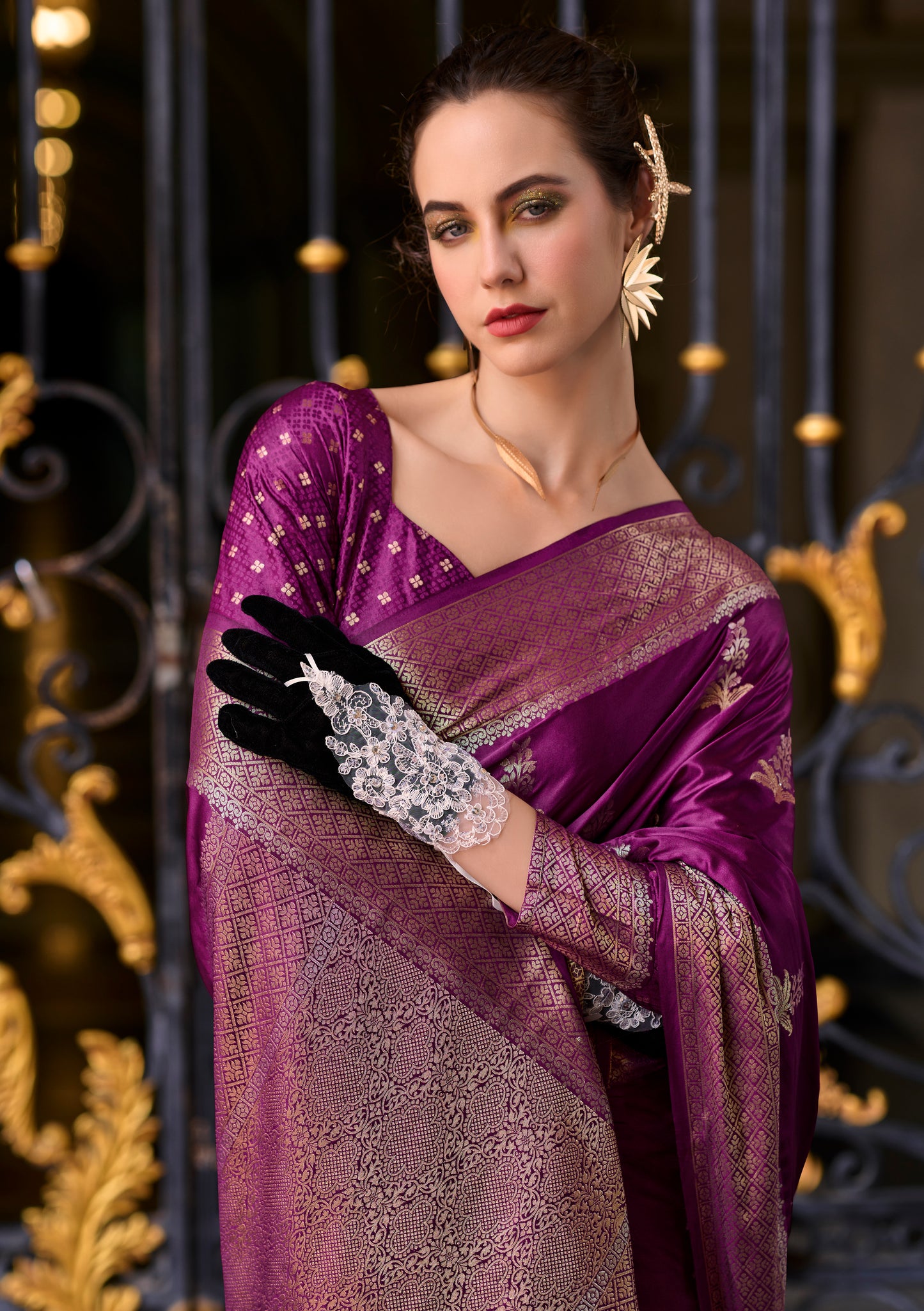 Magenta Color Satin Silk Readymade/Easy Saree