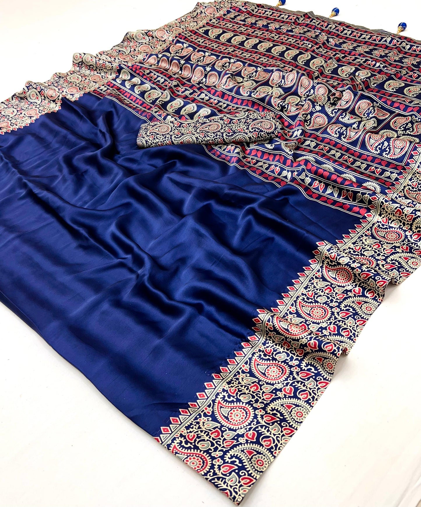 Dark Blue Readymade Crepe Ajrakh Silk Saree