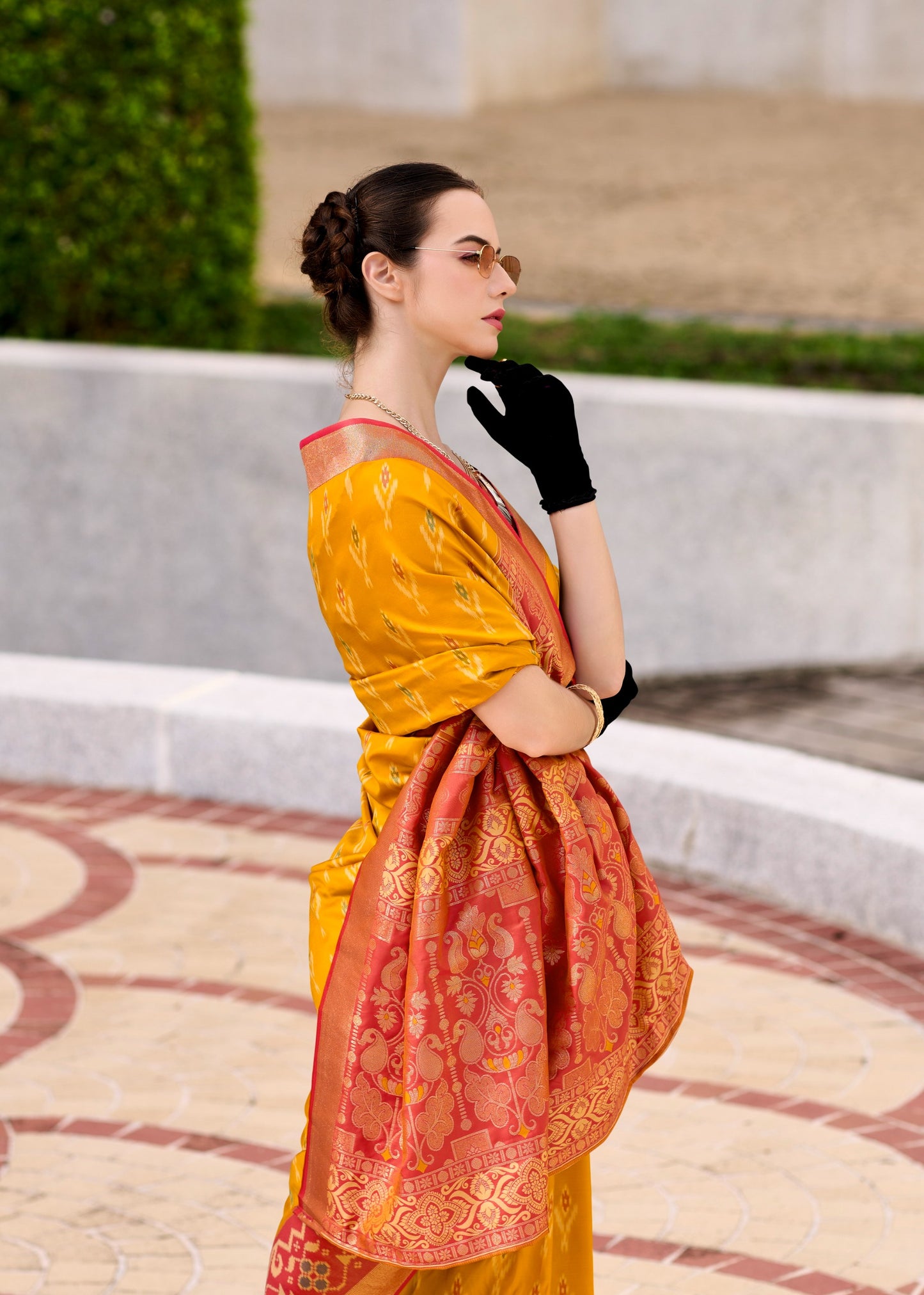 Yellow Color Ikkat Silk Readymade/Easy Saree