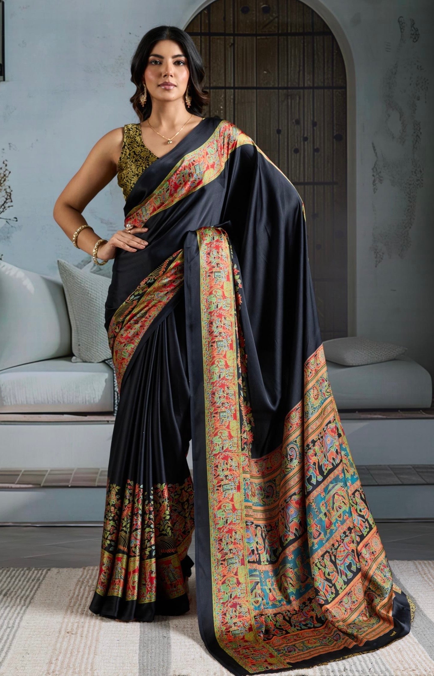 Black Crepe Silk Readymade Saree