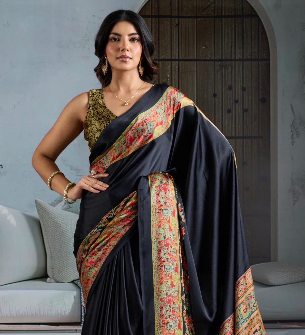 Black Crepe Silk Readymade Saree