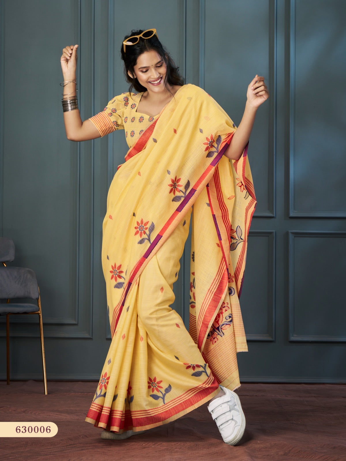 Yellow Color Resham Woven Cotton Office Wear Easy/Readymade Saree