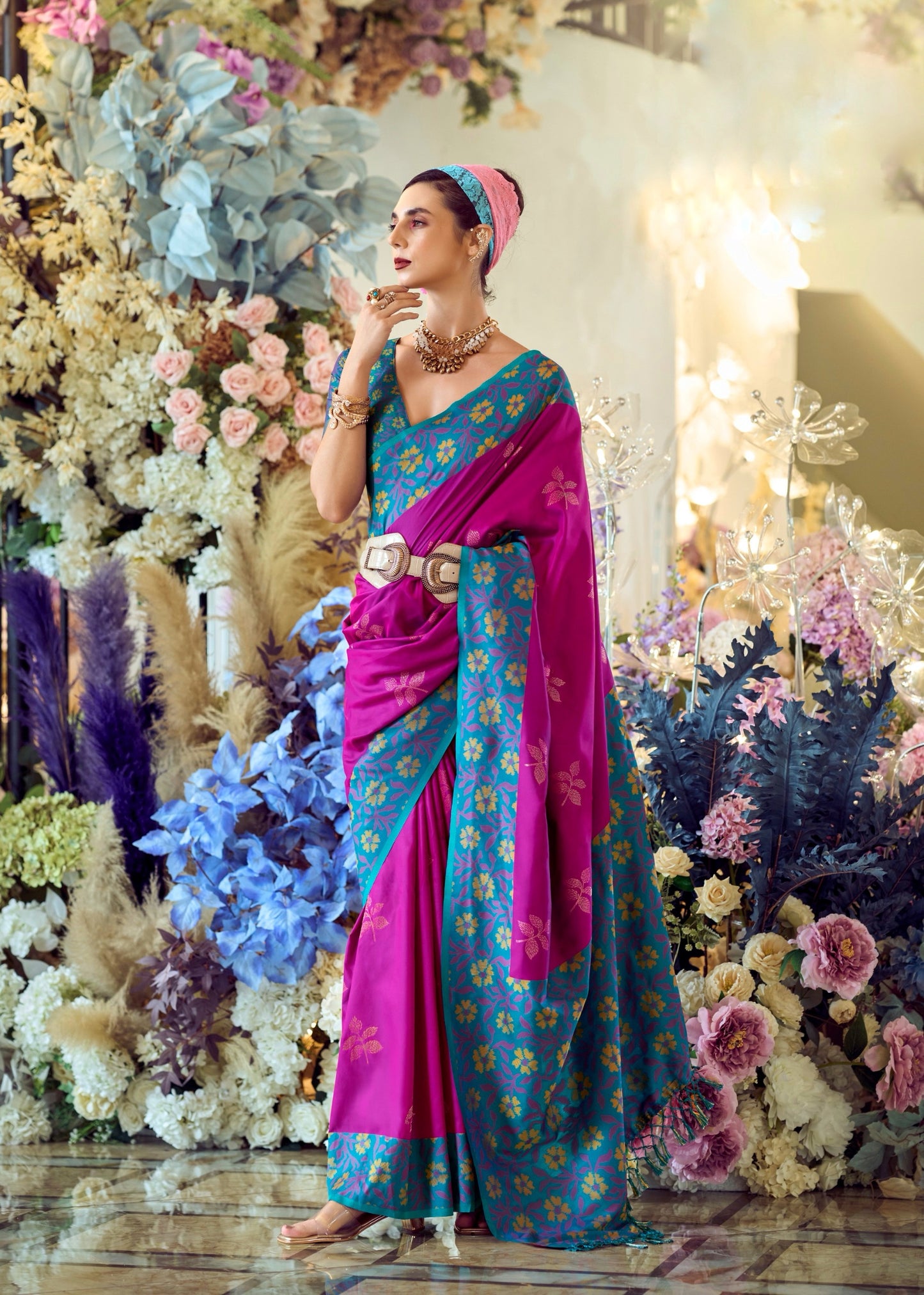Pink Banarasi Ikkat Silk Readymade/Easy Saree