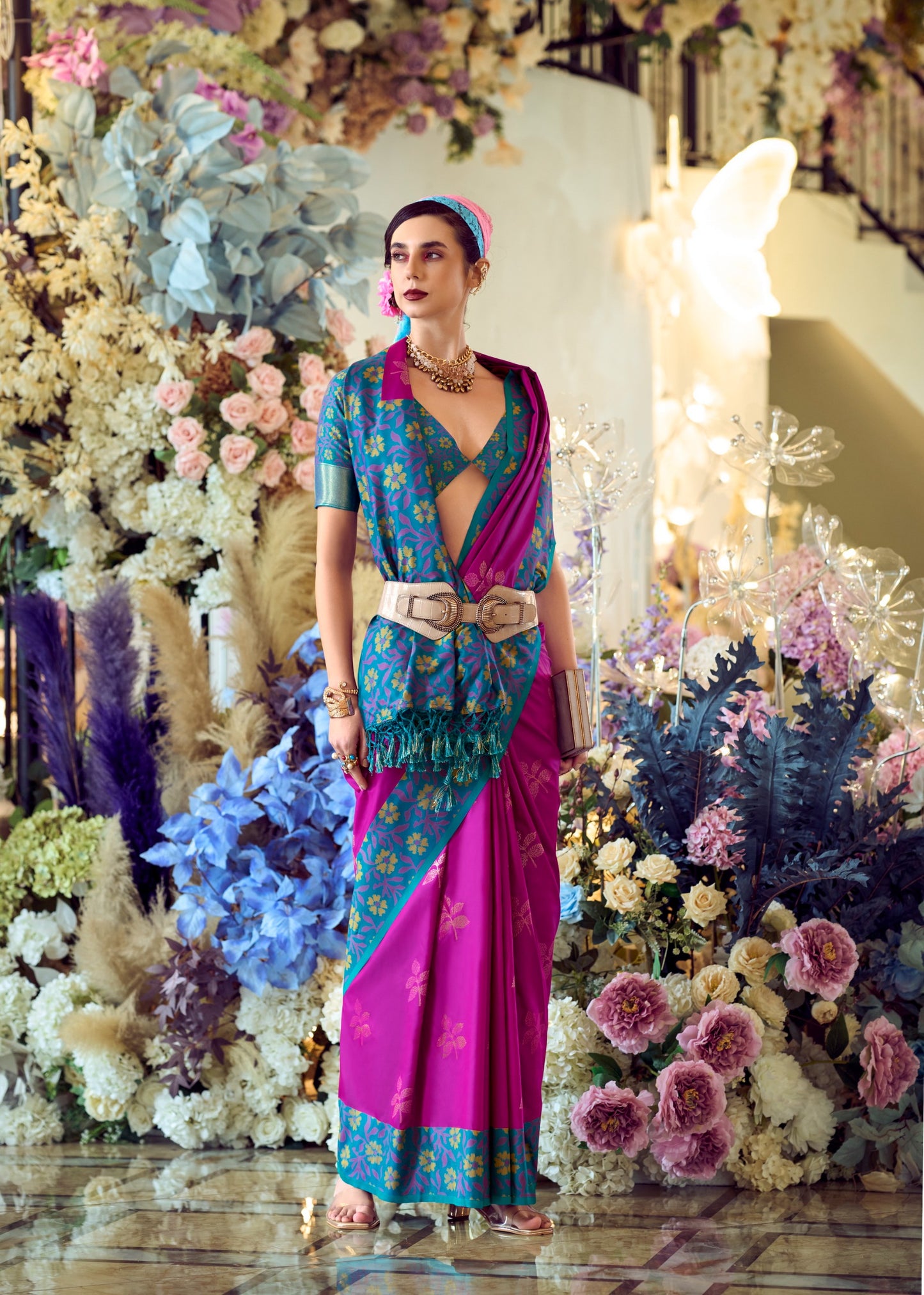 Pink Banarasi Ikkat Silk Readymade/Easy Saree