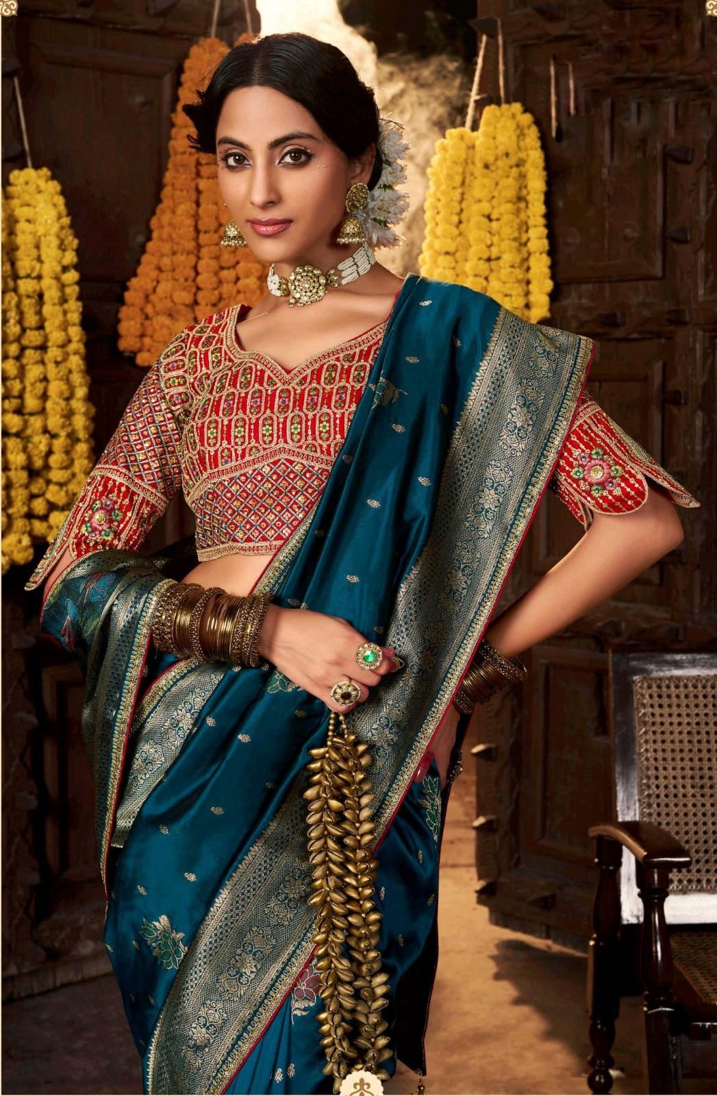 Peacock Green Color Banarasi Silk Readymade/Easy Saree