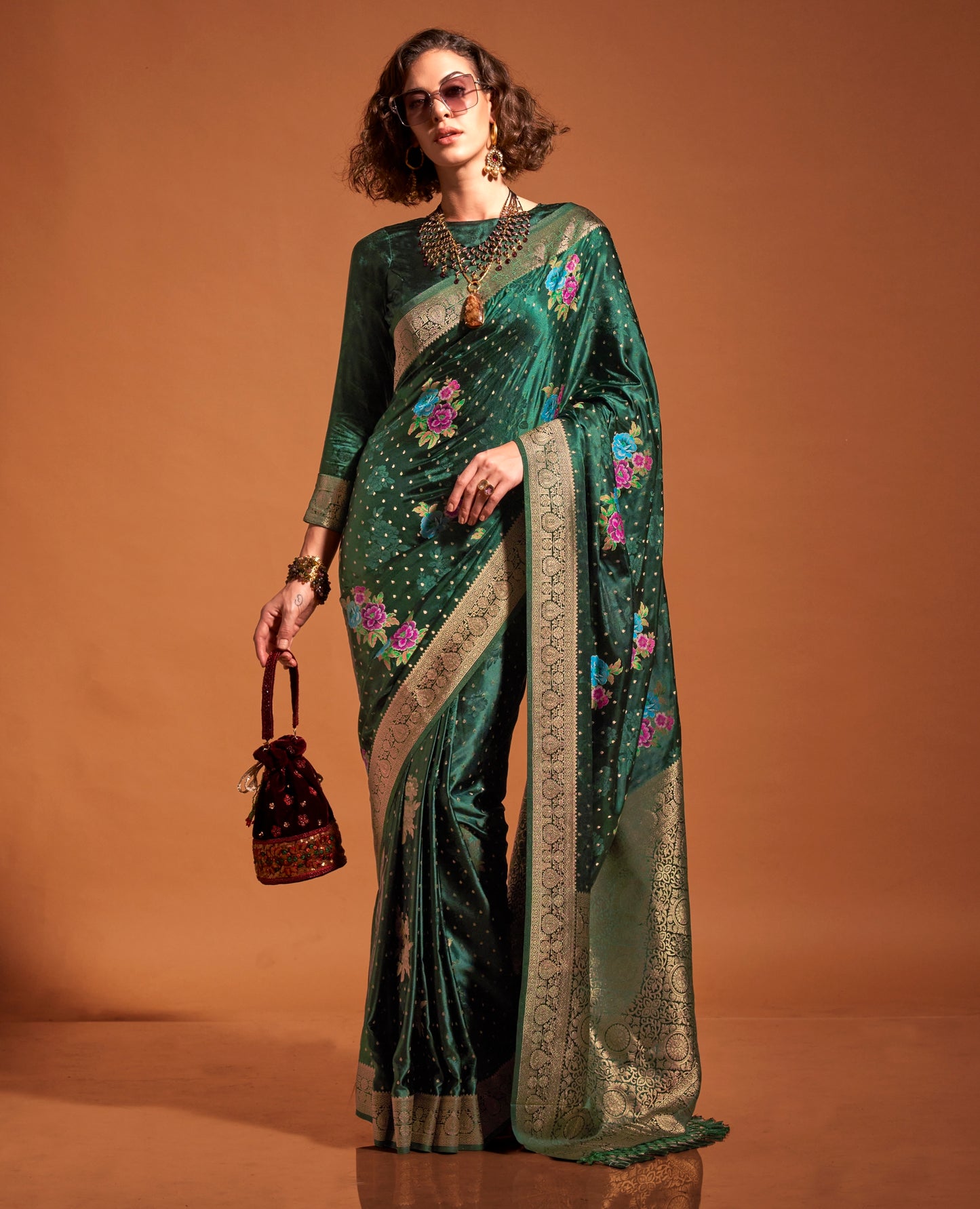 Bottle Green Color Satin Silk Readymade/Easy Saree - Panaash Saree