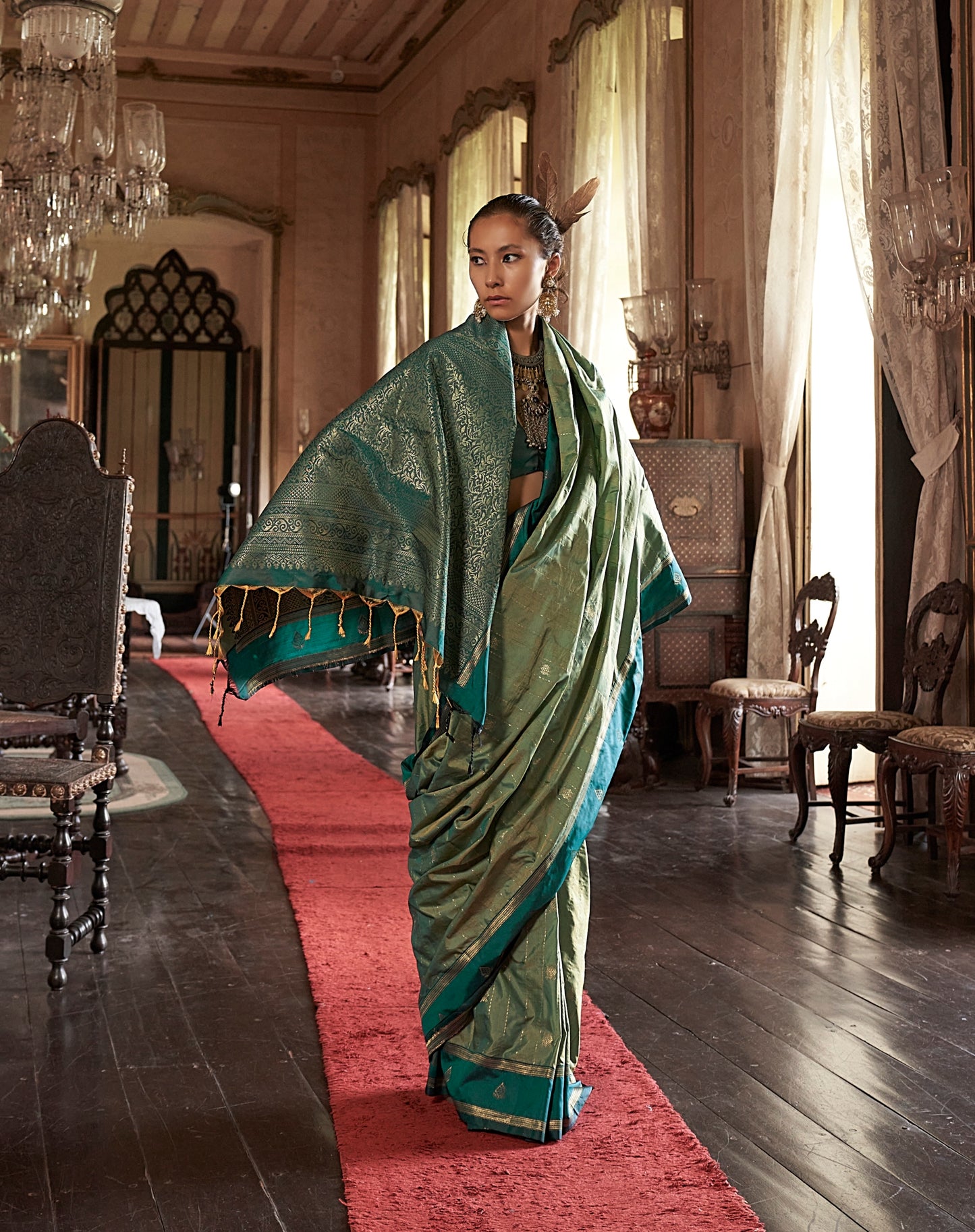 Dark Green Kanjivaram Silk Readymade/Easy Saree
