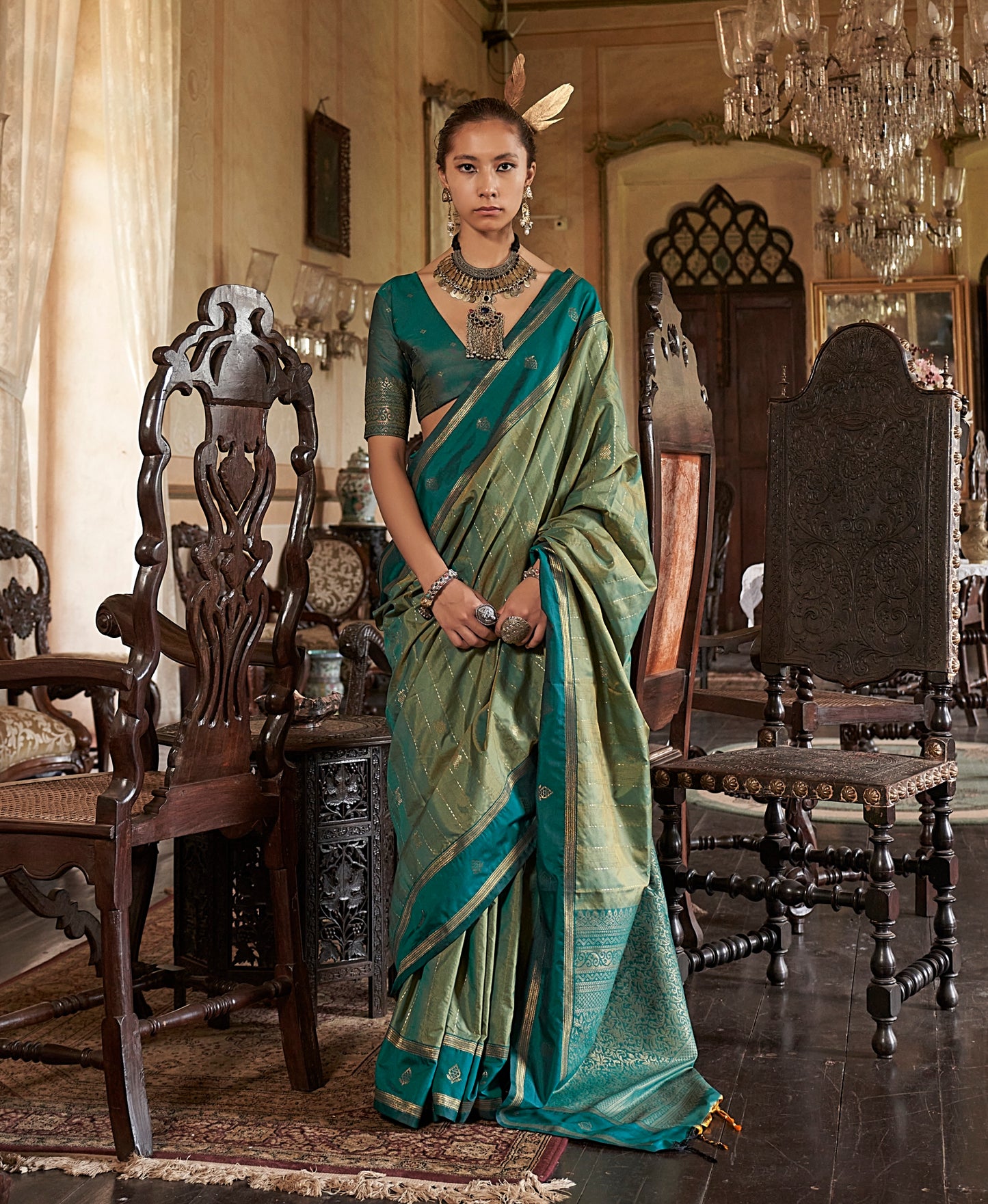 Dark Green Kanjivaram Silk Readymade/Easy Saree