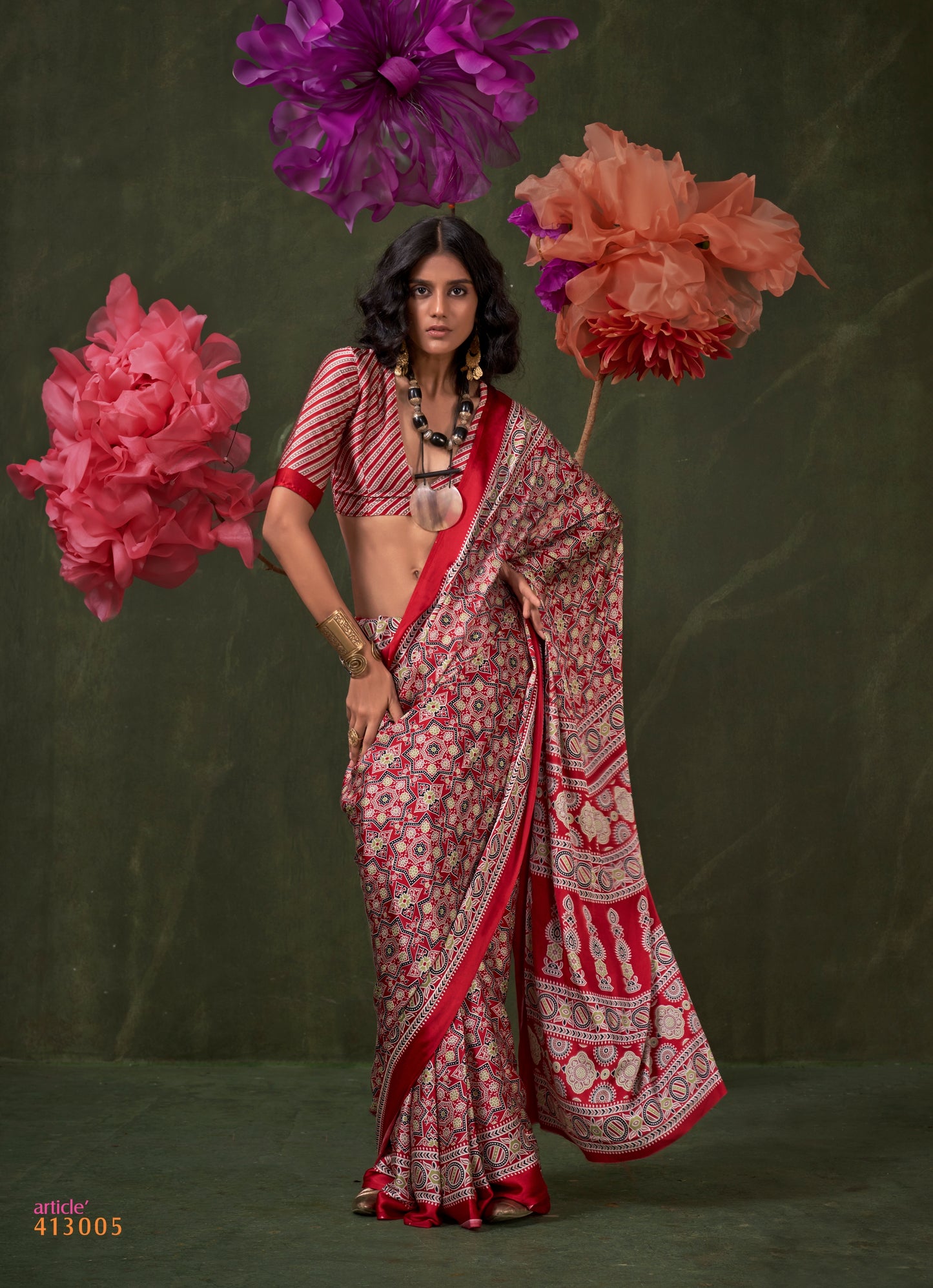 Red Crepe Calm – Readymade Ajrakh Saree