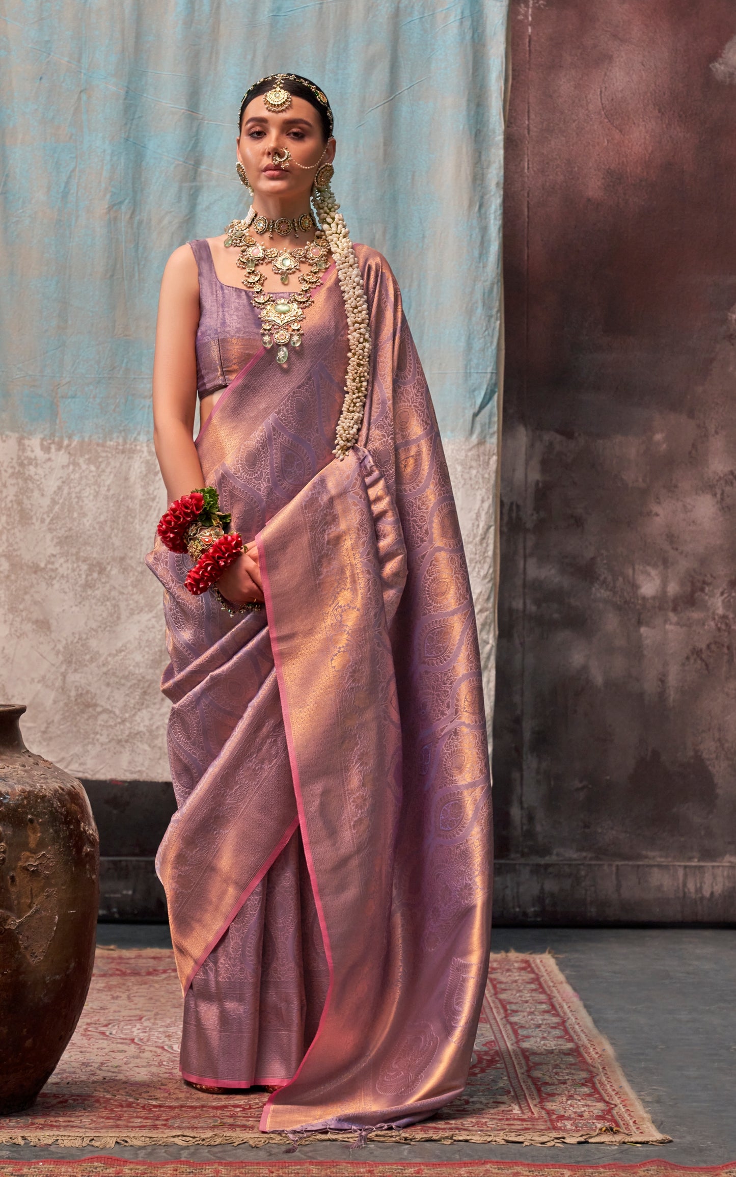 Rose Gold Kanjivaram Silk Readymade/Easy Saree - Panaash Saree