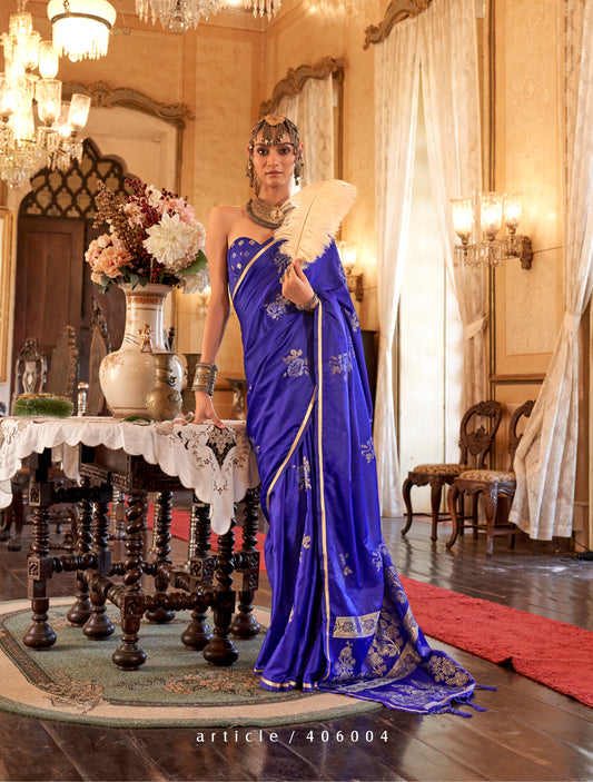 Electric Blue Color Satin Silk Readymade/Easy Saree