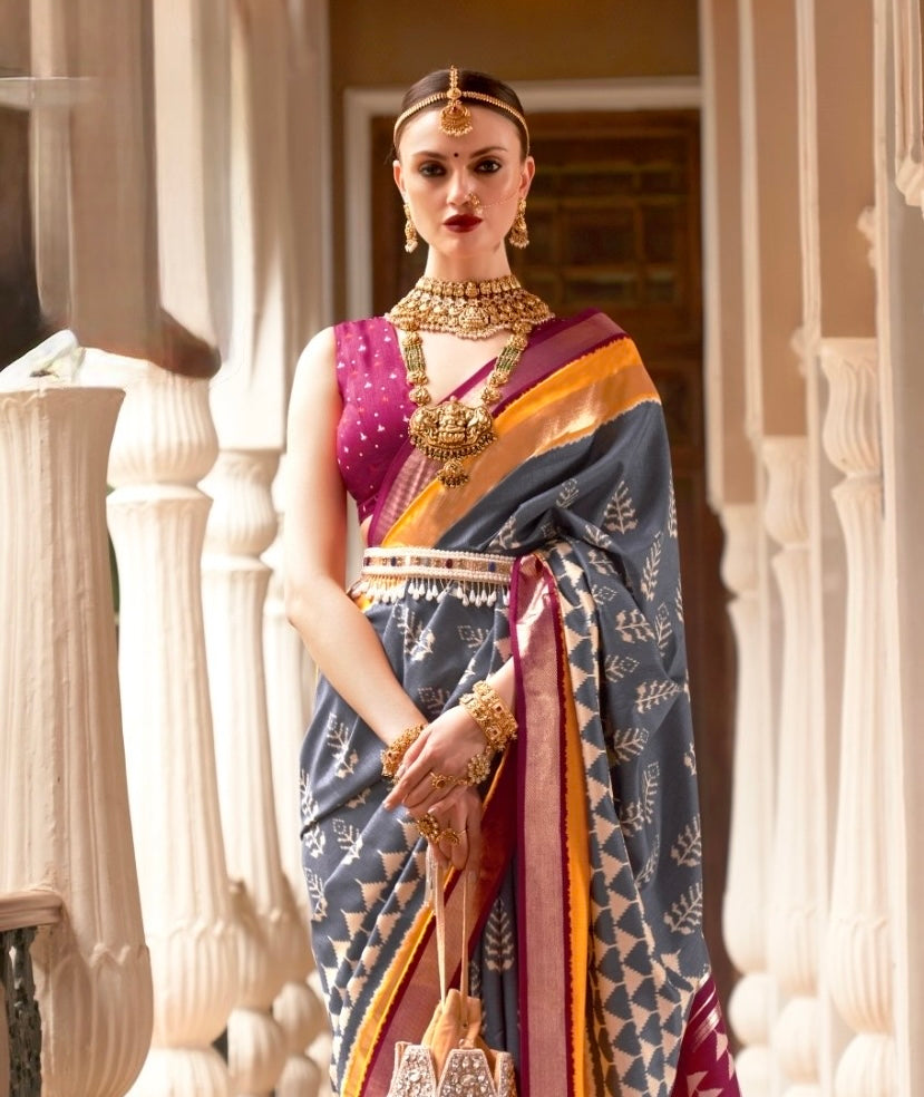 Grey Patola Silk Readymade/Easy Saree