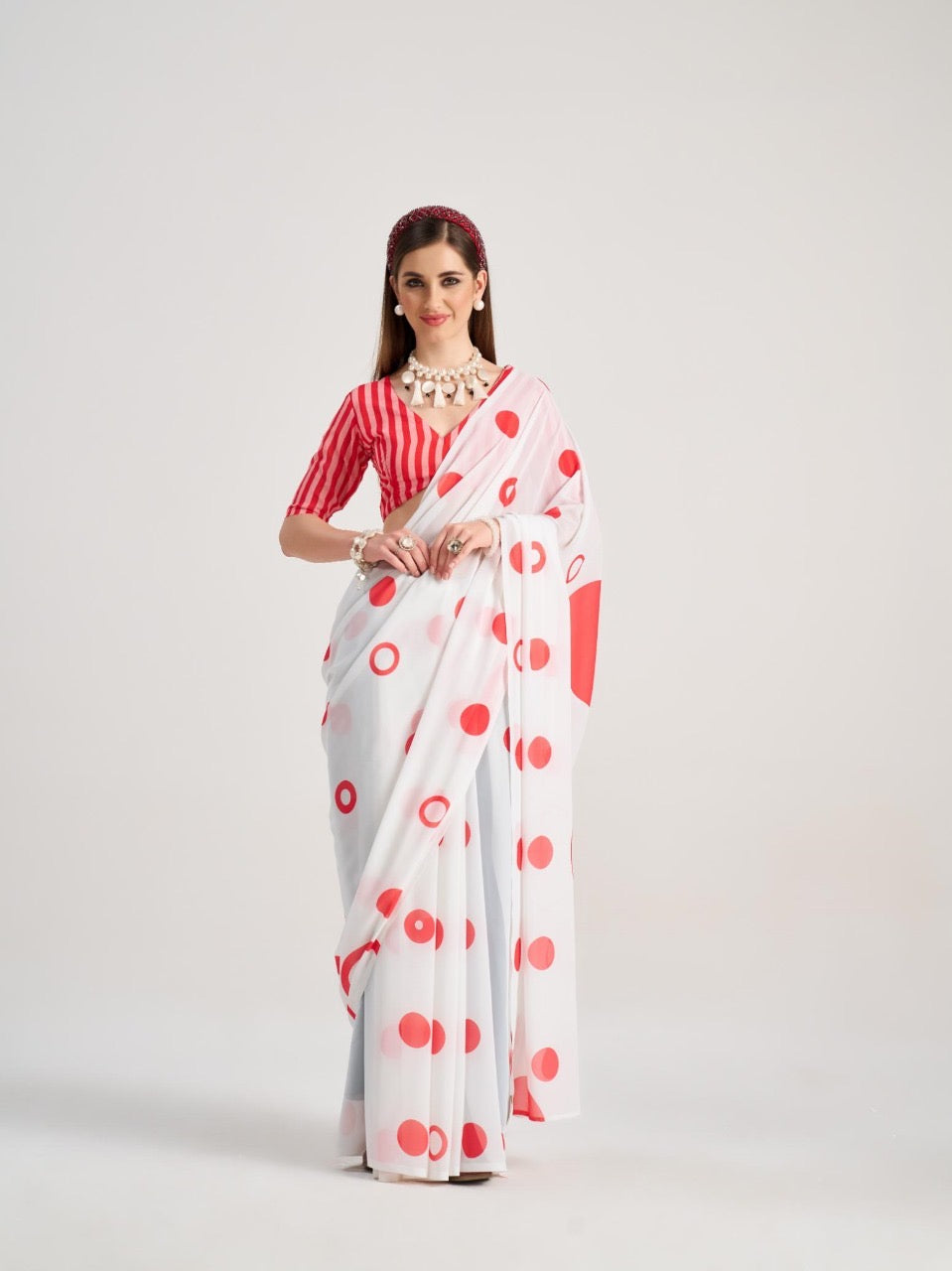 White & Red Polka Dot Georgette Readymade/Easy Saree