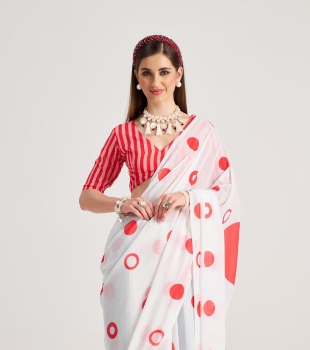 White & Red Polka Dot Georgette Readymade/Easy Saree