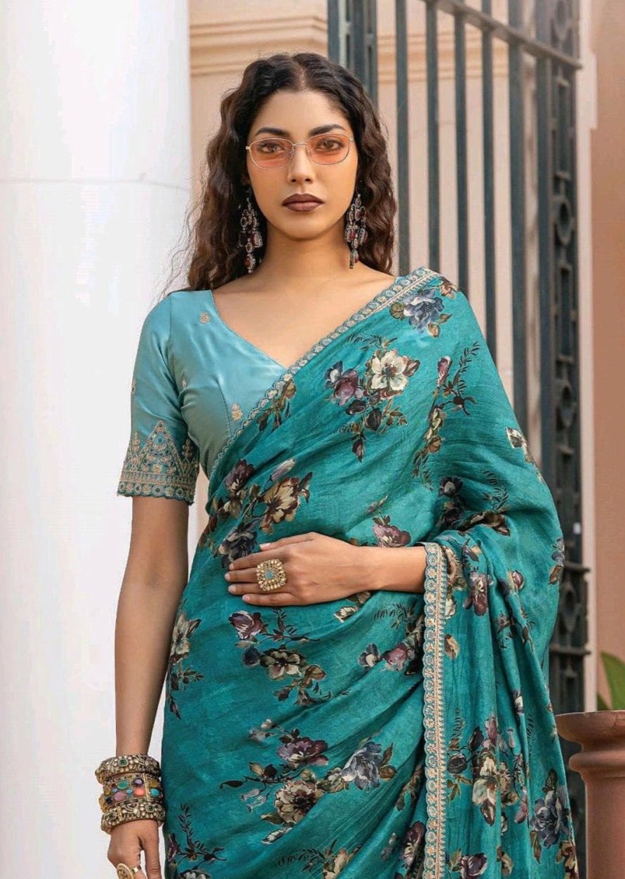 Turquoise Color Printed Silk Readymade/Easy Saree