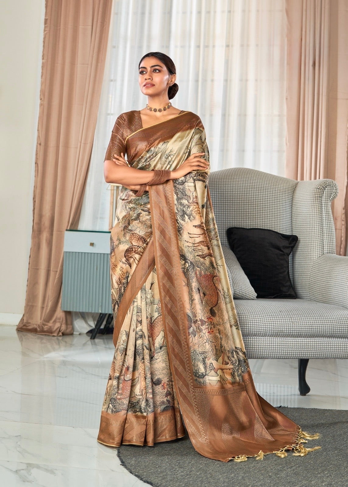Beige Color Printed Silk Readymade/Easy Saree