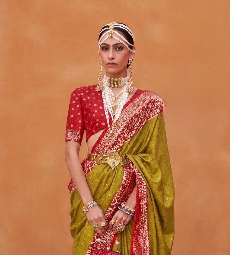 Olive Color Patola Silk Readymade/Easy Saree