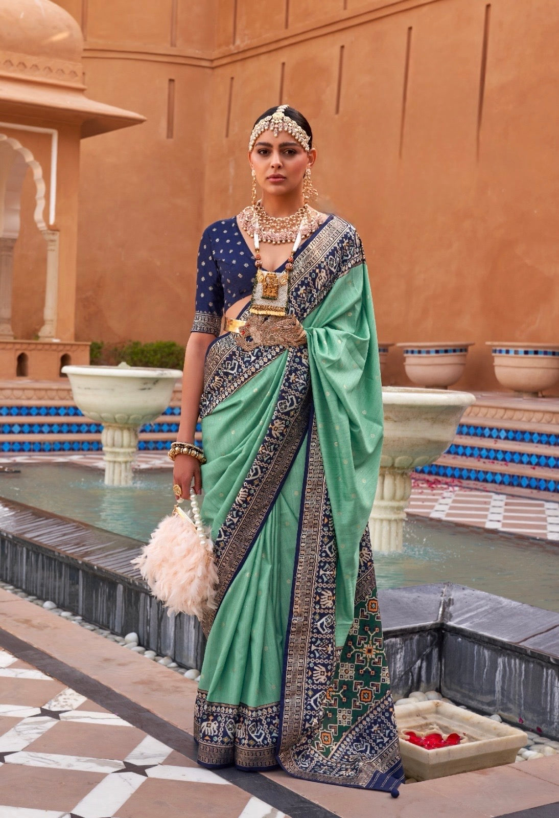 Sea Green Color Patola Silk Readymade/Easy Saree