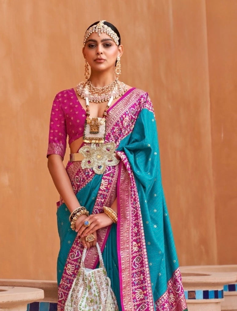 Blue Color Patola Silk Readymade/Easy Saree