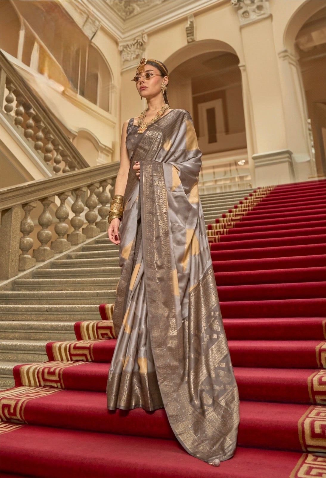 Grey Color Satin Silk Readymade/Easy Saree