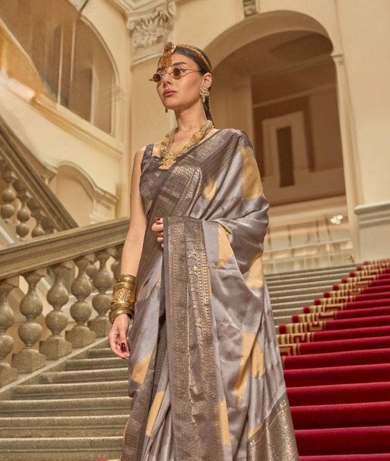 Grey Color Satin Silk Readymade/Easy Saree
