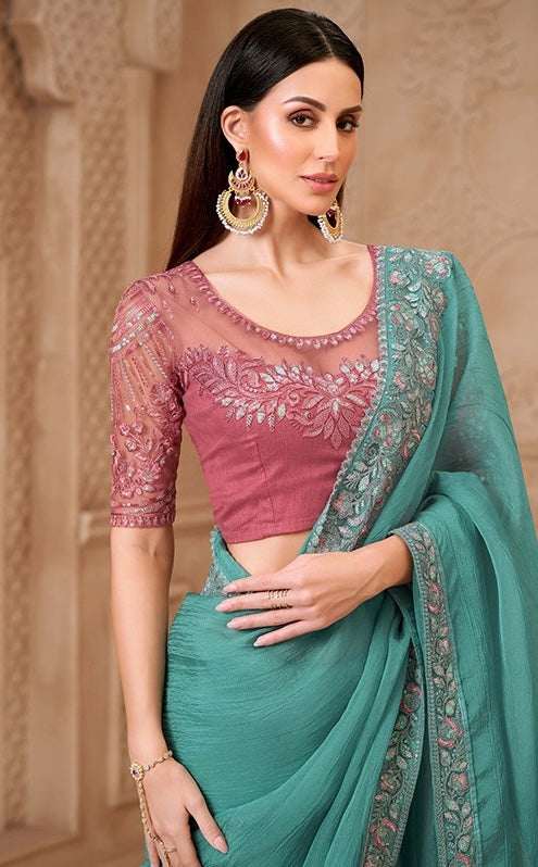 Sea Green Cocktail Party Wear Readymade Saree