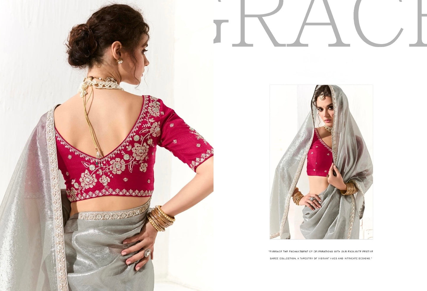 Grey Organza Readymade Saree With Fancy Blouse Piece