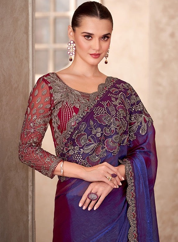 Violet Cocktail Party Wear Readymade Saree